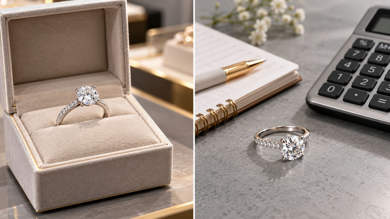 Diamond ring shown beside a calculator to illustrate replacement value versus resale value