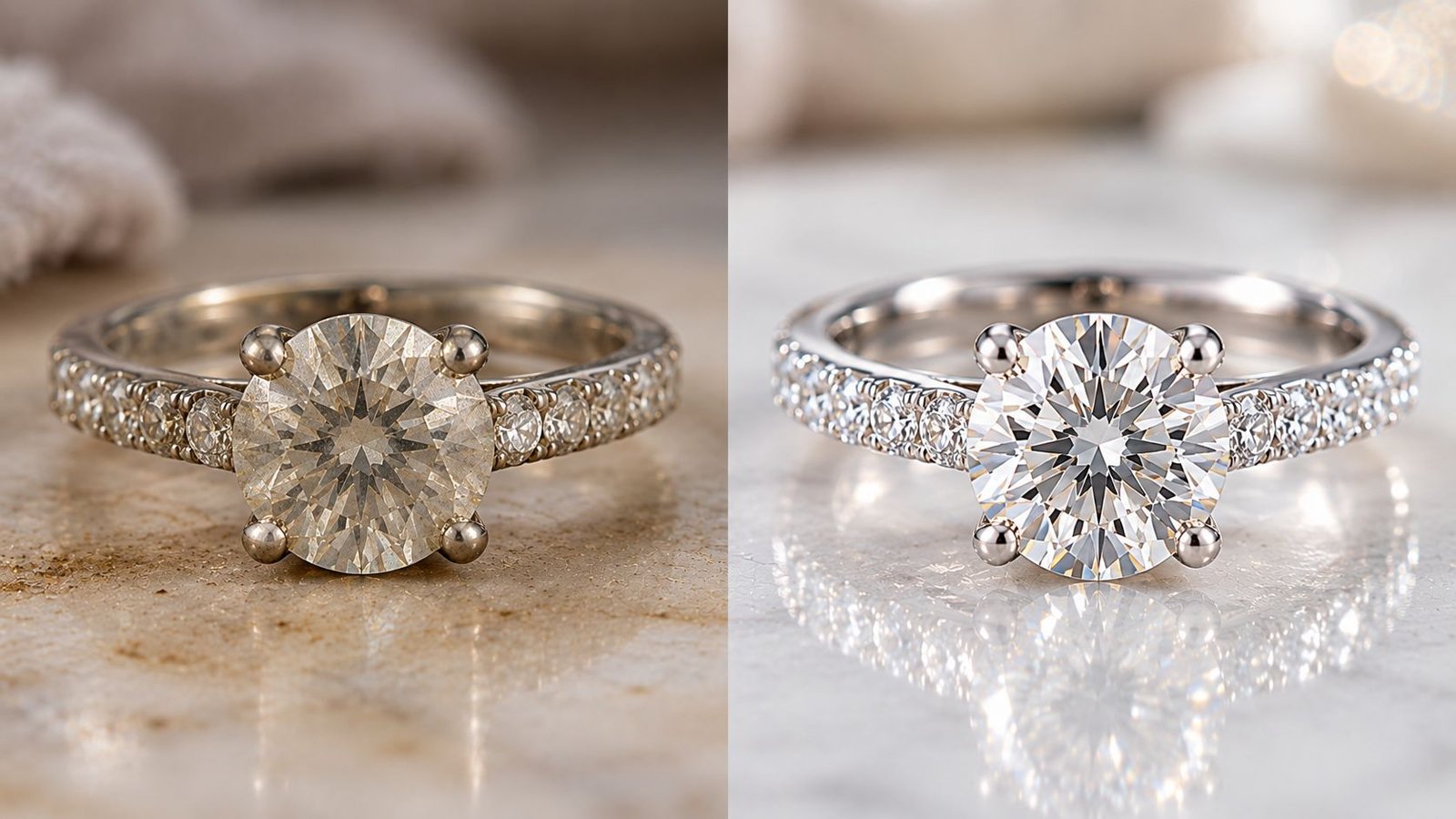Diamond before and after cleaning showing residue versus true cloudiness