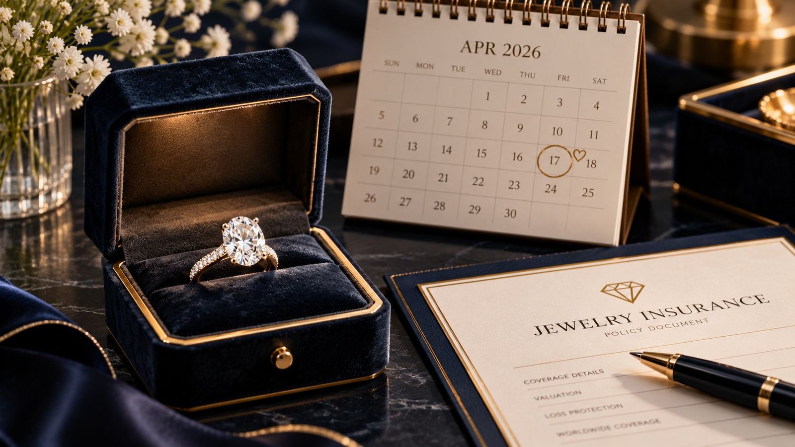 Diamond ring with insurance paperwork and calendar representing updated appraisals over time