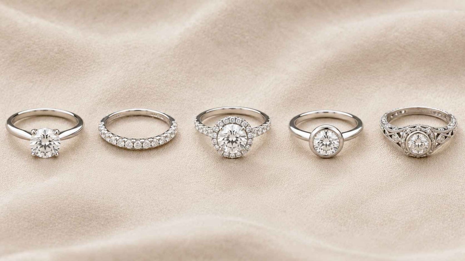 Comparison of different diamond ring setting styles including solitaire, pavé, and bezel