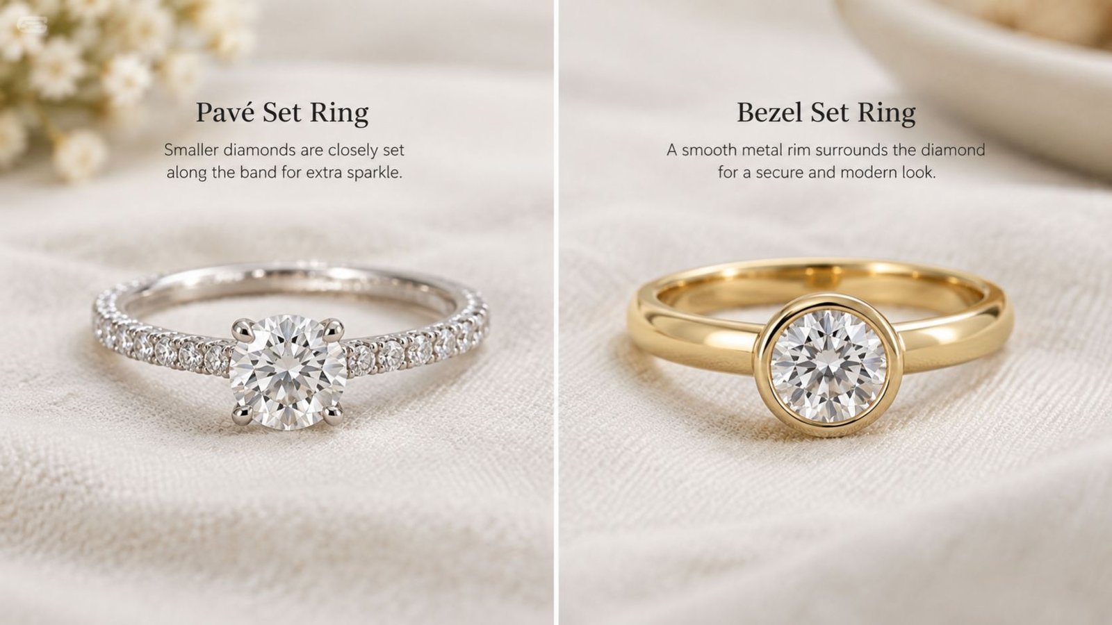 Comparing delicate and sturdy diamond ring settings before cleaning