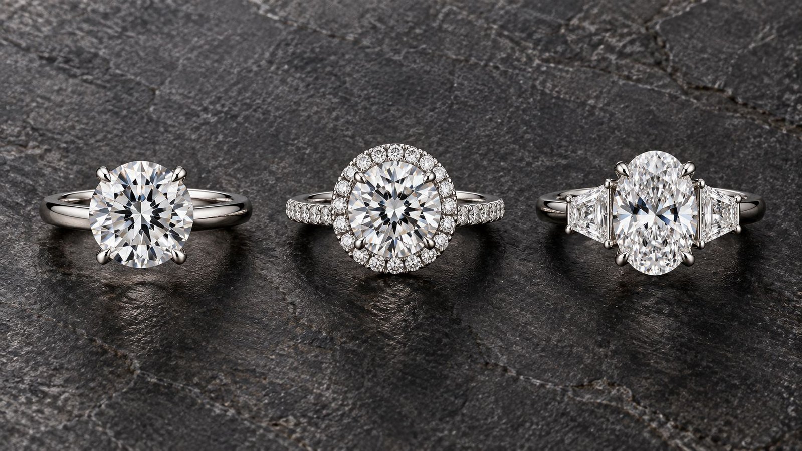 Solitaire, halo, and three-stone diamond ring settings arranged side by side for comparison