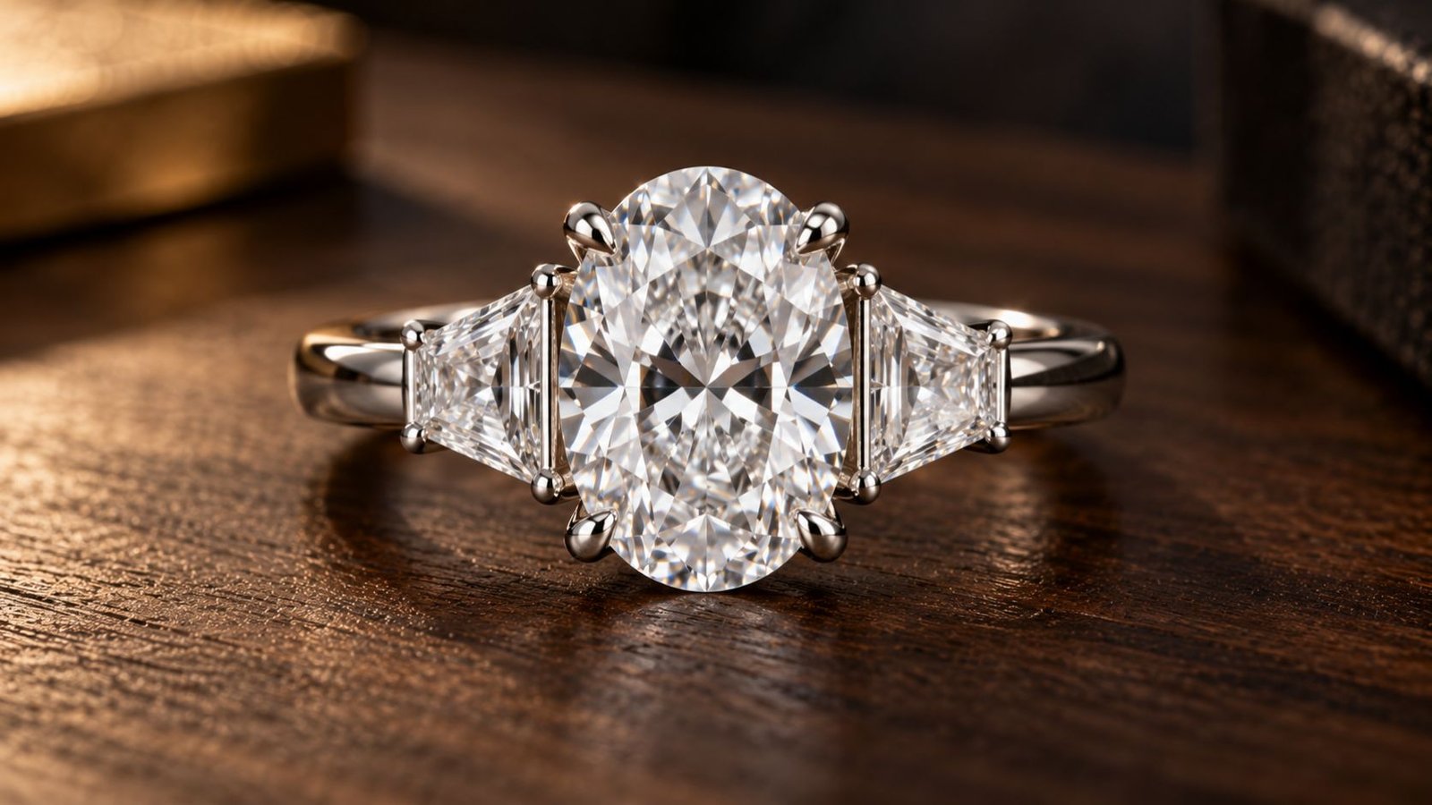 Three-stone diamond ring setting with an oval centre diamond and trapezoid side stones