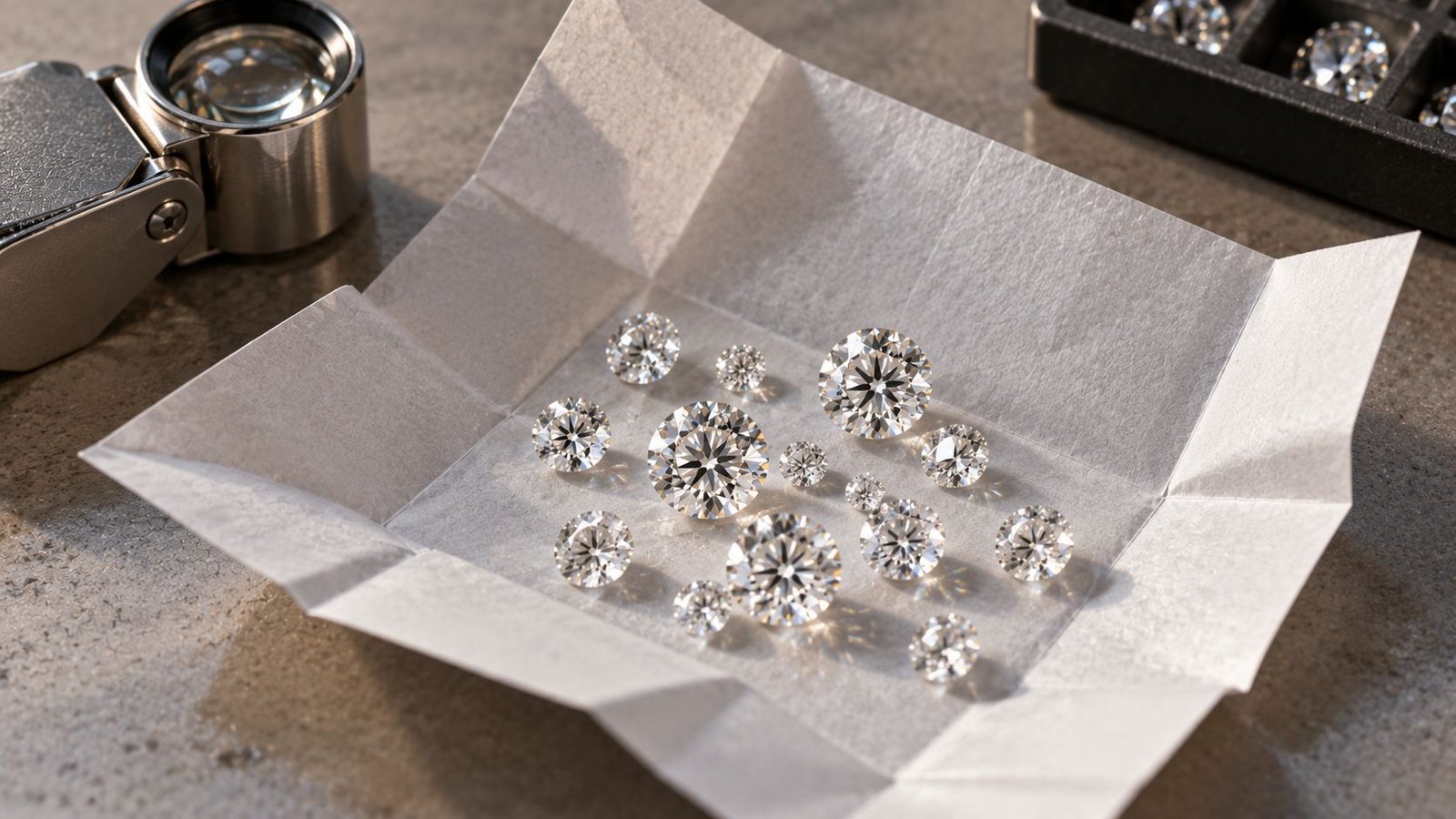 Loose diamonds in a sourcing parcel used to find a well-matched pair