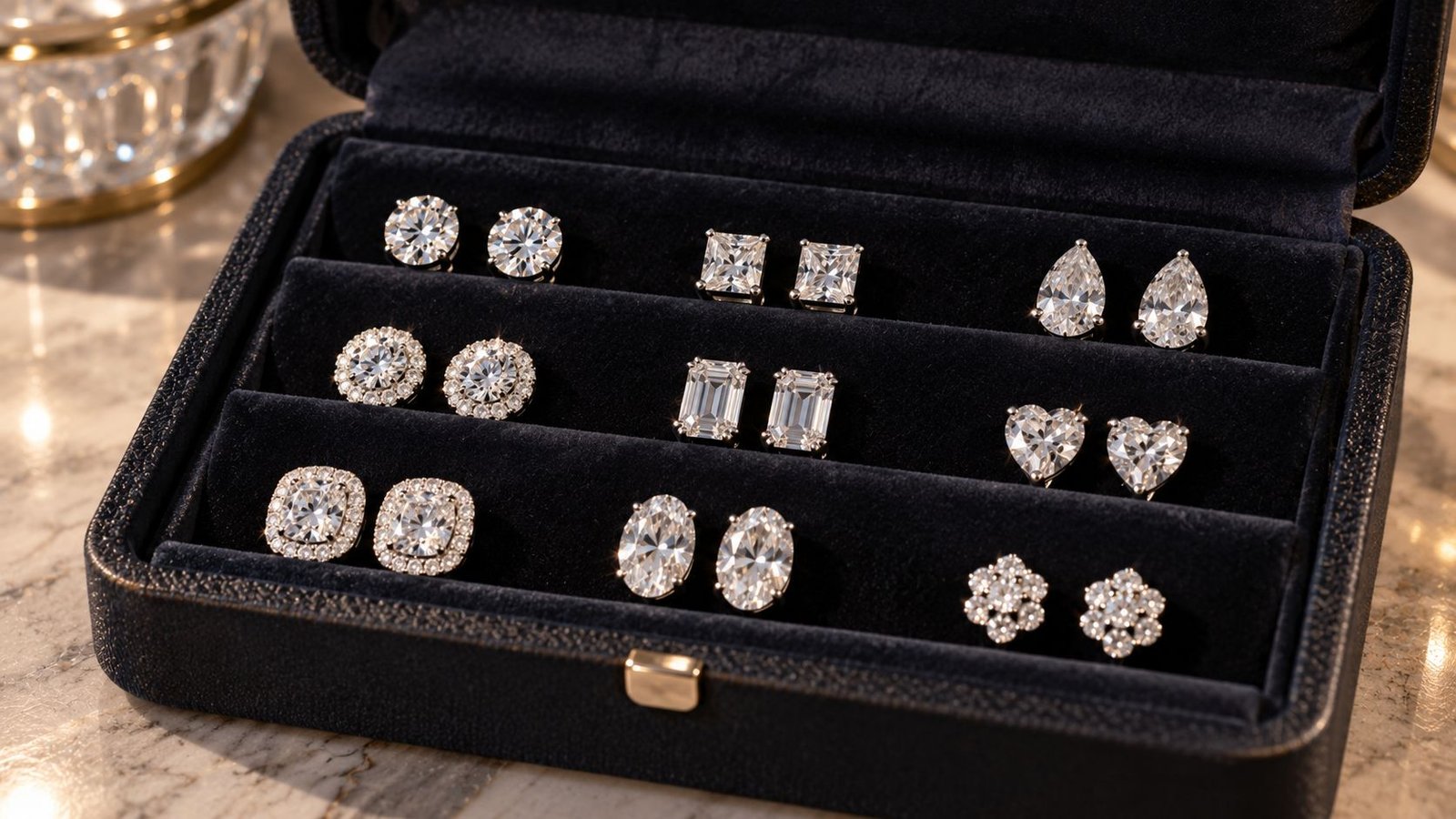 Display case of matched diamond stud earring pairs ready for purchase
