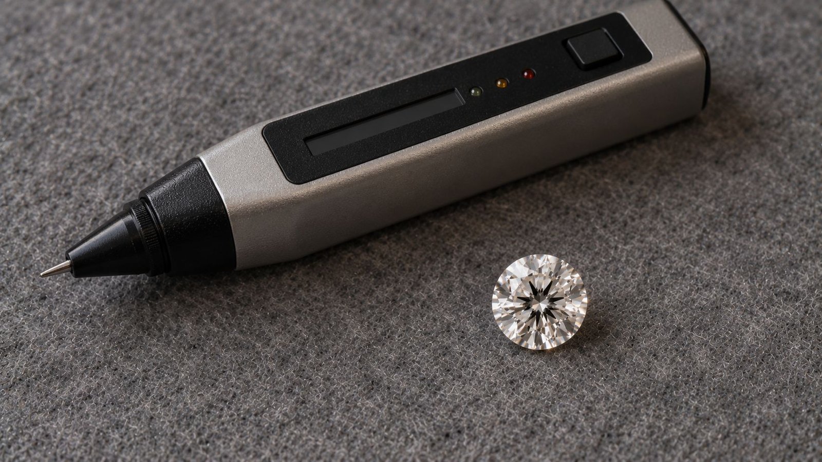 Diamond tester pen beside a loose diamond, a common home test for lab grown diamond identification at miraartcollection.