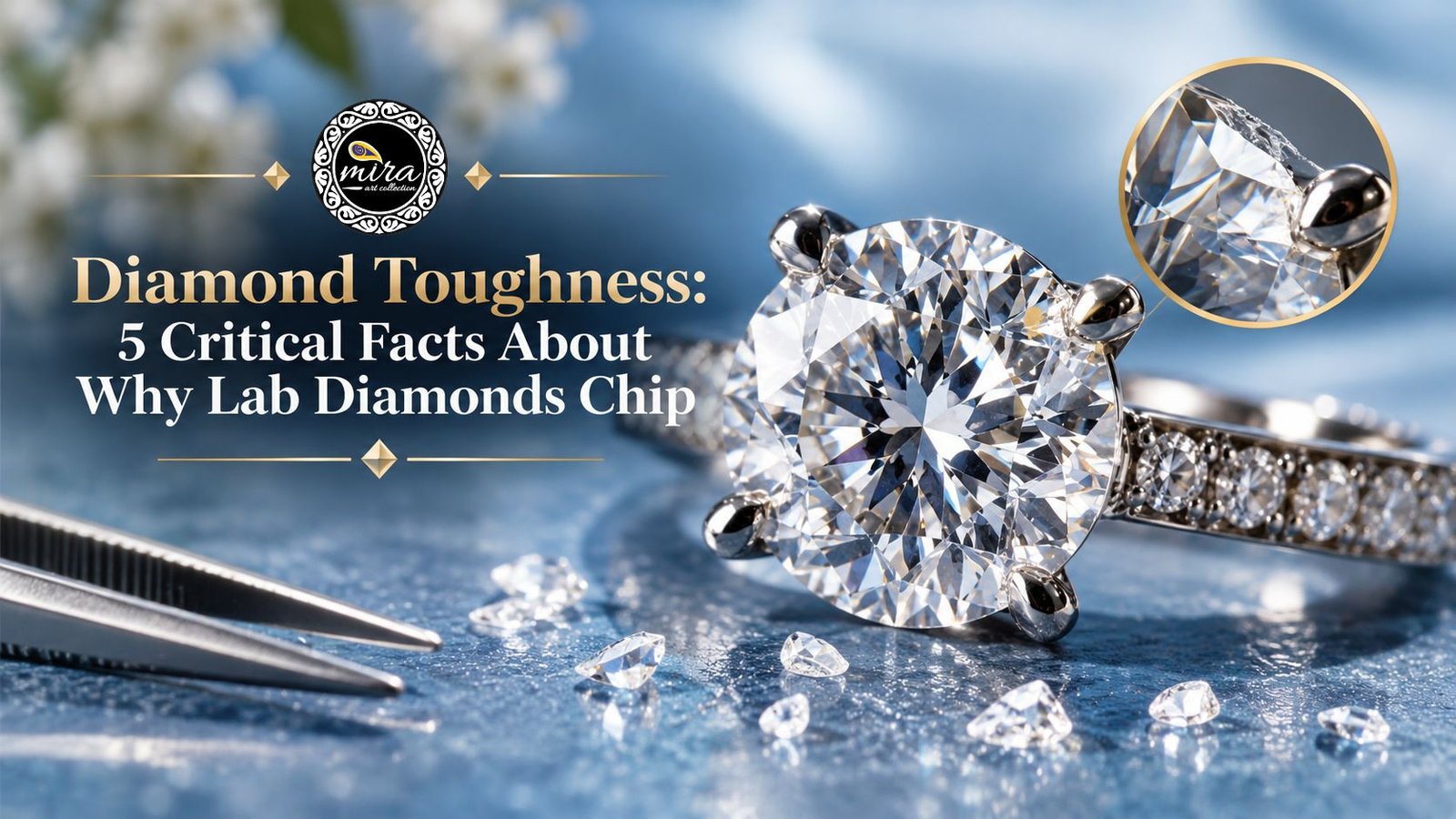 Close-up of a round lab-grown diamond in a four-prong ring setting, with small diamond fragments, inspection tweezers, and a magnified view of a chipped edge against a blue surface, featuring the Mira Art Collection logo and illustrating diamond toughness and chipping by miraartcollection.