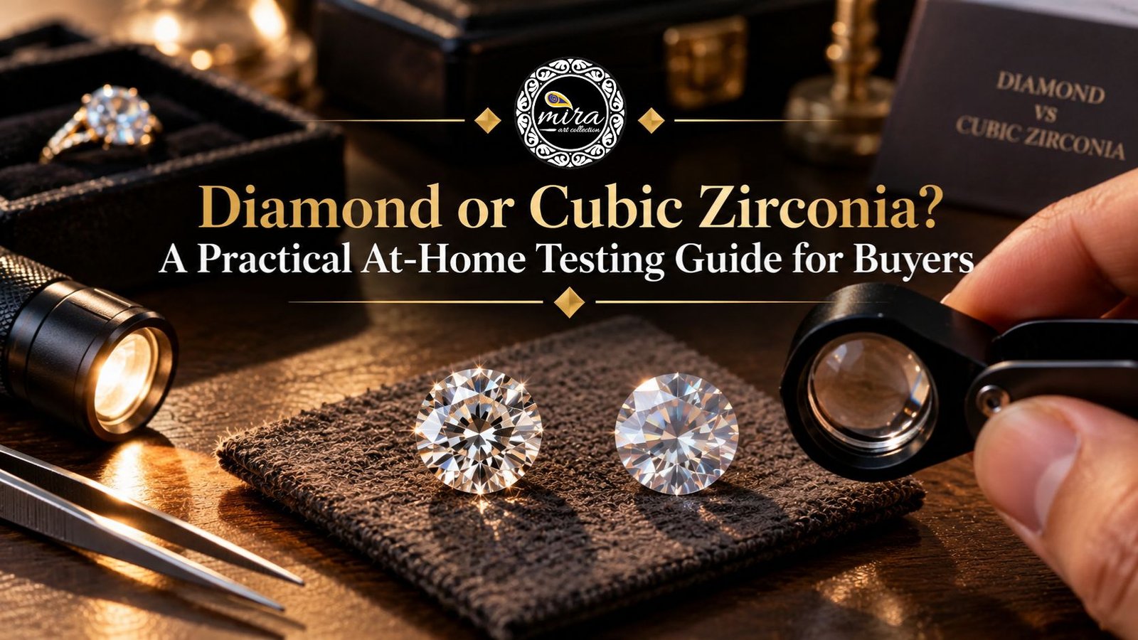 Two faceted stones displayed on dark fabric beside a jeweller’s loupe, flashlight, and tweezers, illustrating Mira Art Collection’s practical at-home guide to distinguishing diamonds from cubic zirconia.