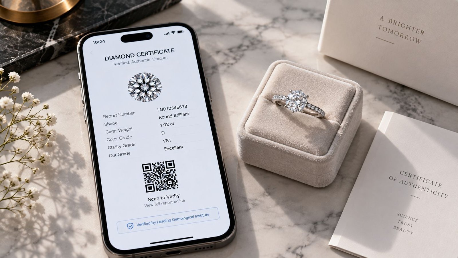 Digital blockchain-backed diamond certificate linked to AI grading data