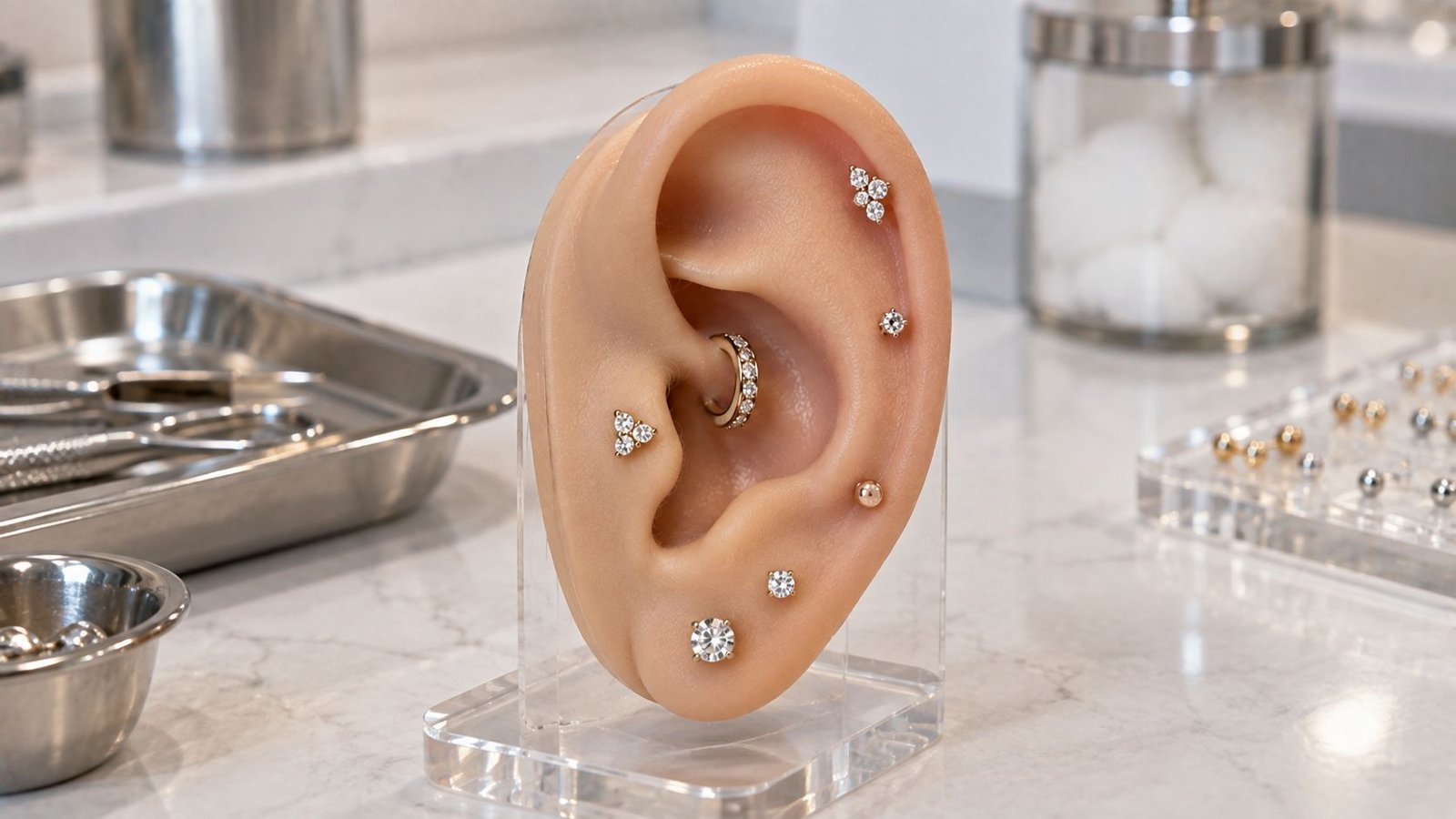 Piercing placement reference model showing lobe, helix, tragus, and conch positions