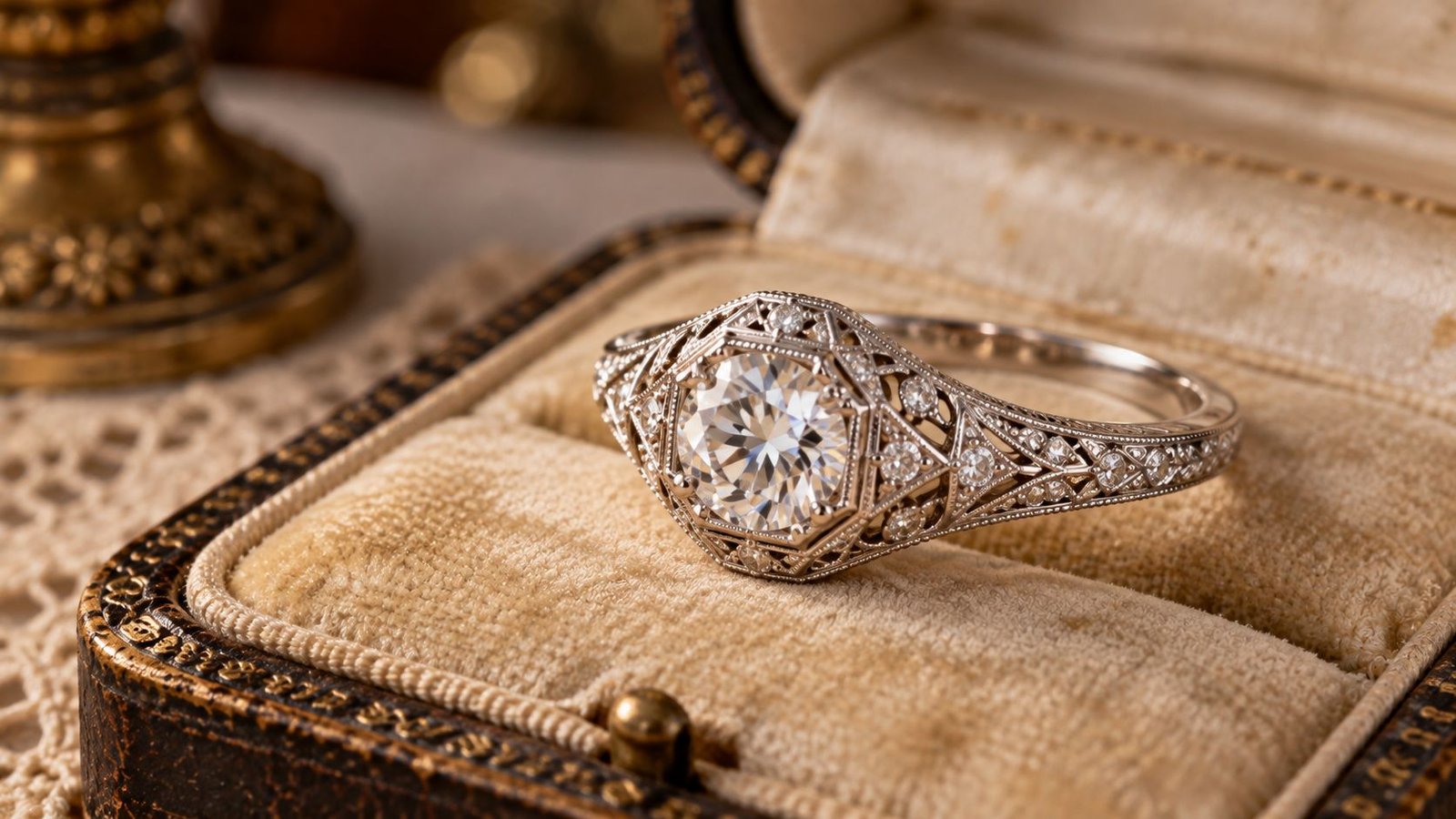 Edwardian-style milgrain filigree ring with geometric openwork and a round diamond