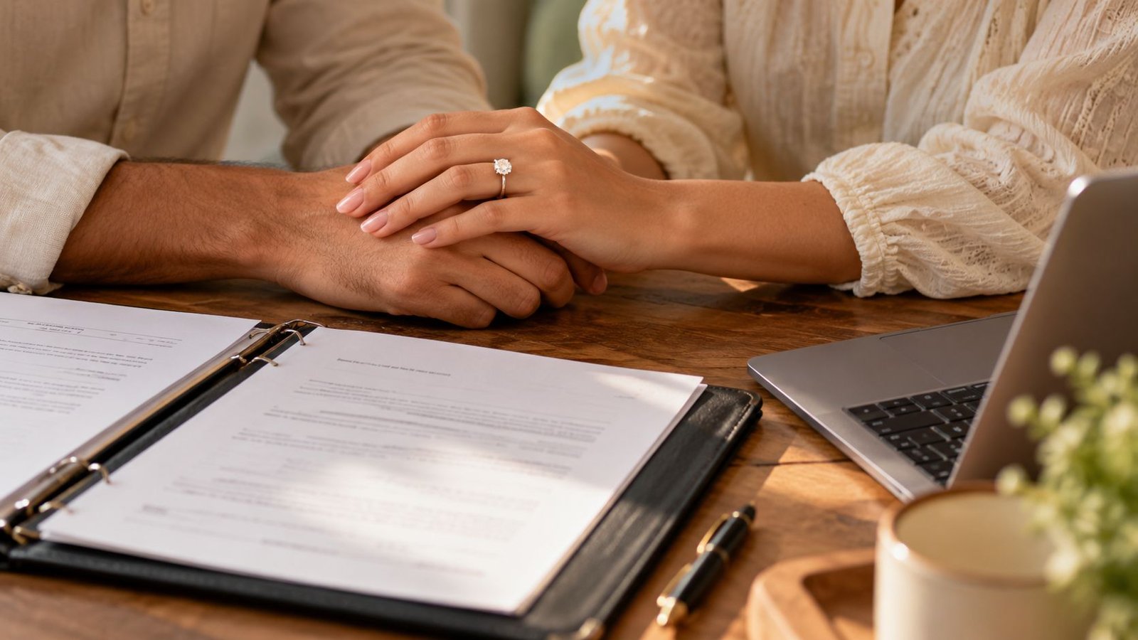 Couple reviewing prenuptial paperwork together with an engagement ring visible