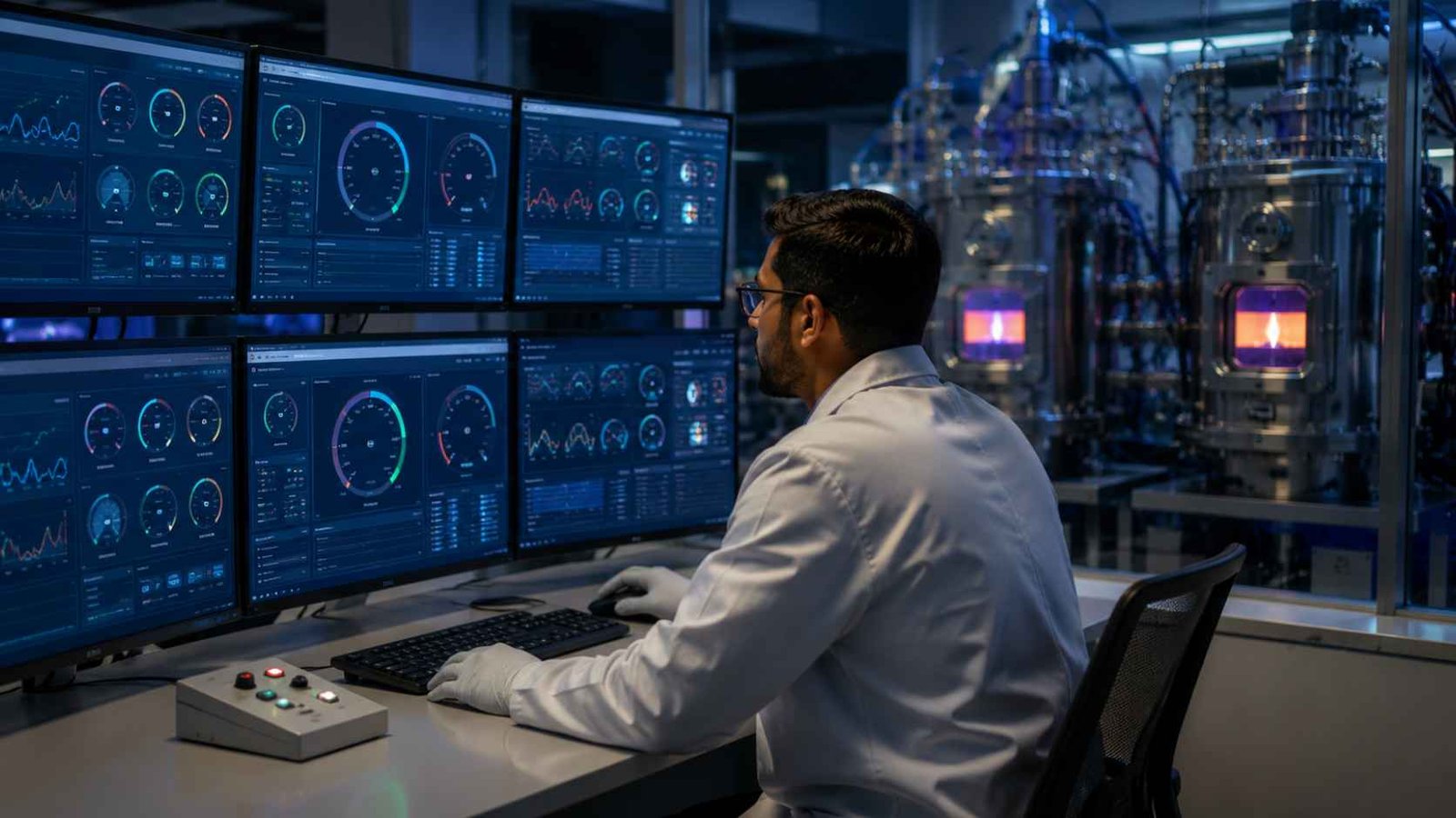 Technician monitoring precision control systems during engineered diamond production