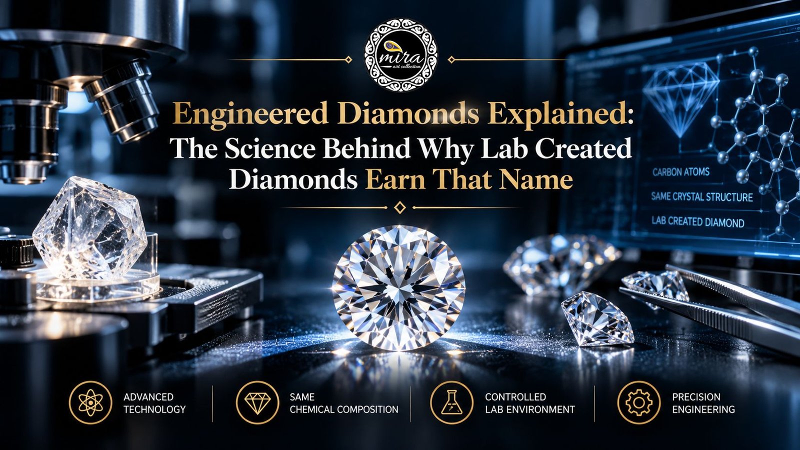 A brilliant lab-created diamond displayed in a blue-lit laboratory beside a microscope, rough diamond crystal, molecular structure graphics, and precision jeweller’s tools, illustrating the science behind engineered diamonds in Mira Art Collection.