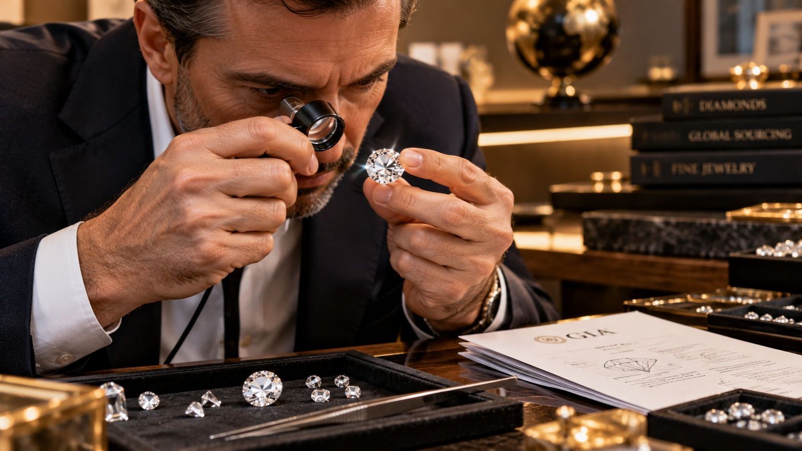 Experienced jeweler sourcing and evaluating large lab diamonds