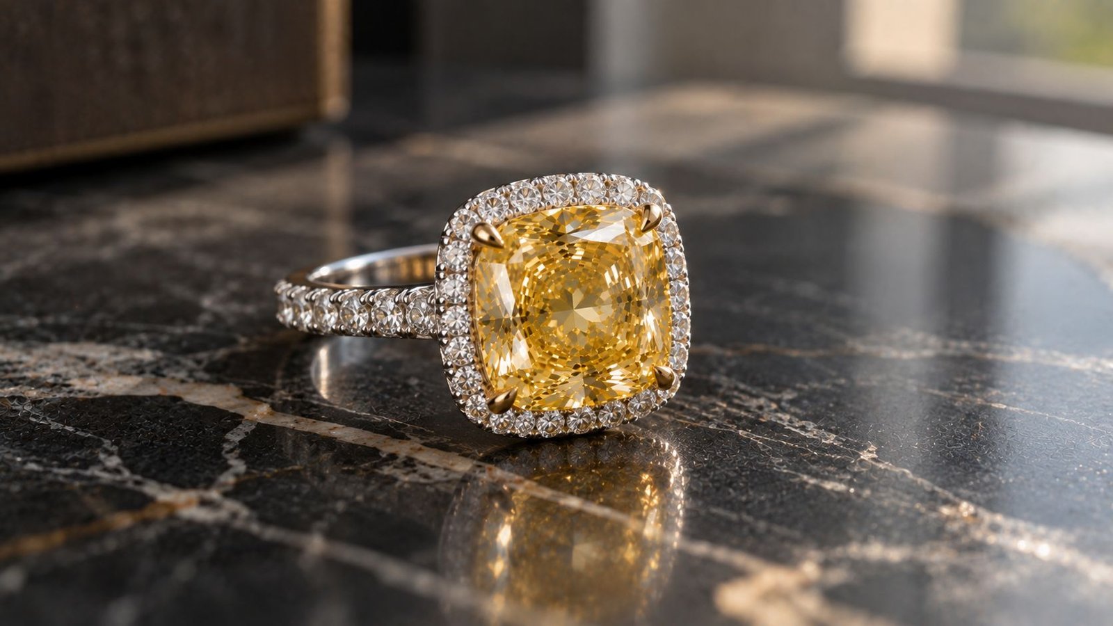 Fancy color diamond ring styled in natural daylight to show fluorescence effects