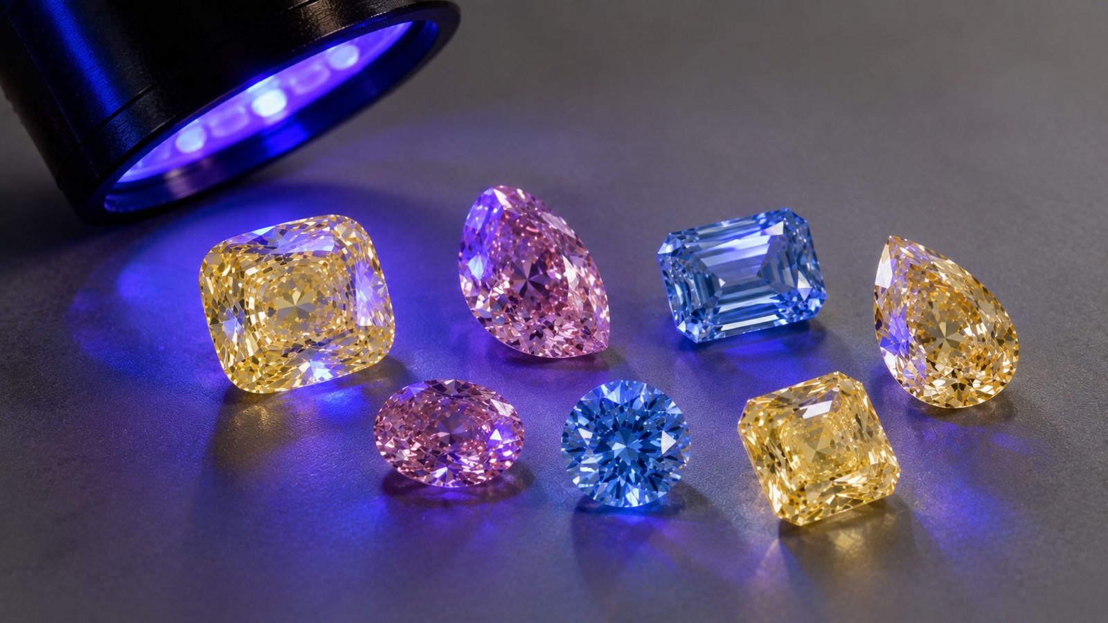 Fancy color diamonds displaying different Diamond Fluorescence Colors under UV light