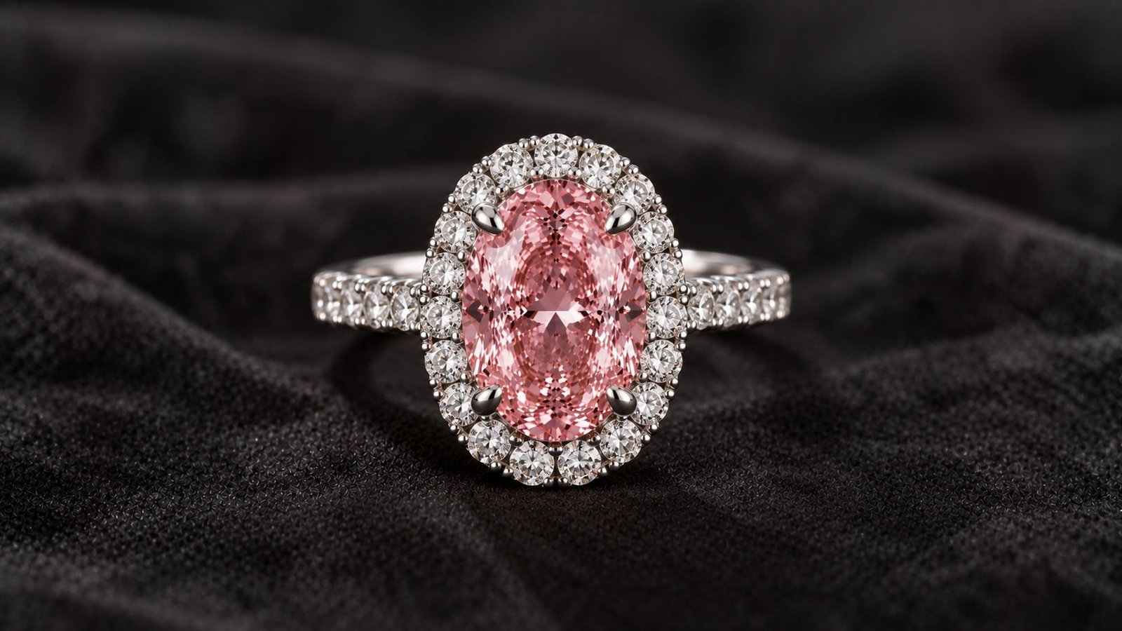 Halo ring with a fancy pink diamond center, a cluster-style design for accent colors