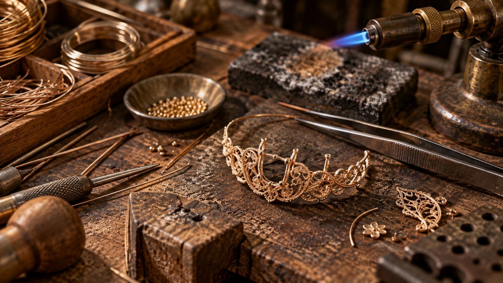 Jeweller's workbench showing filigree jewelry craftsmanship tools and fine wirework