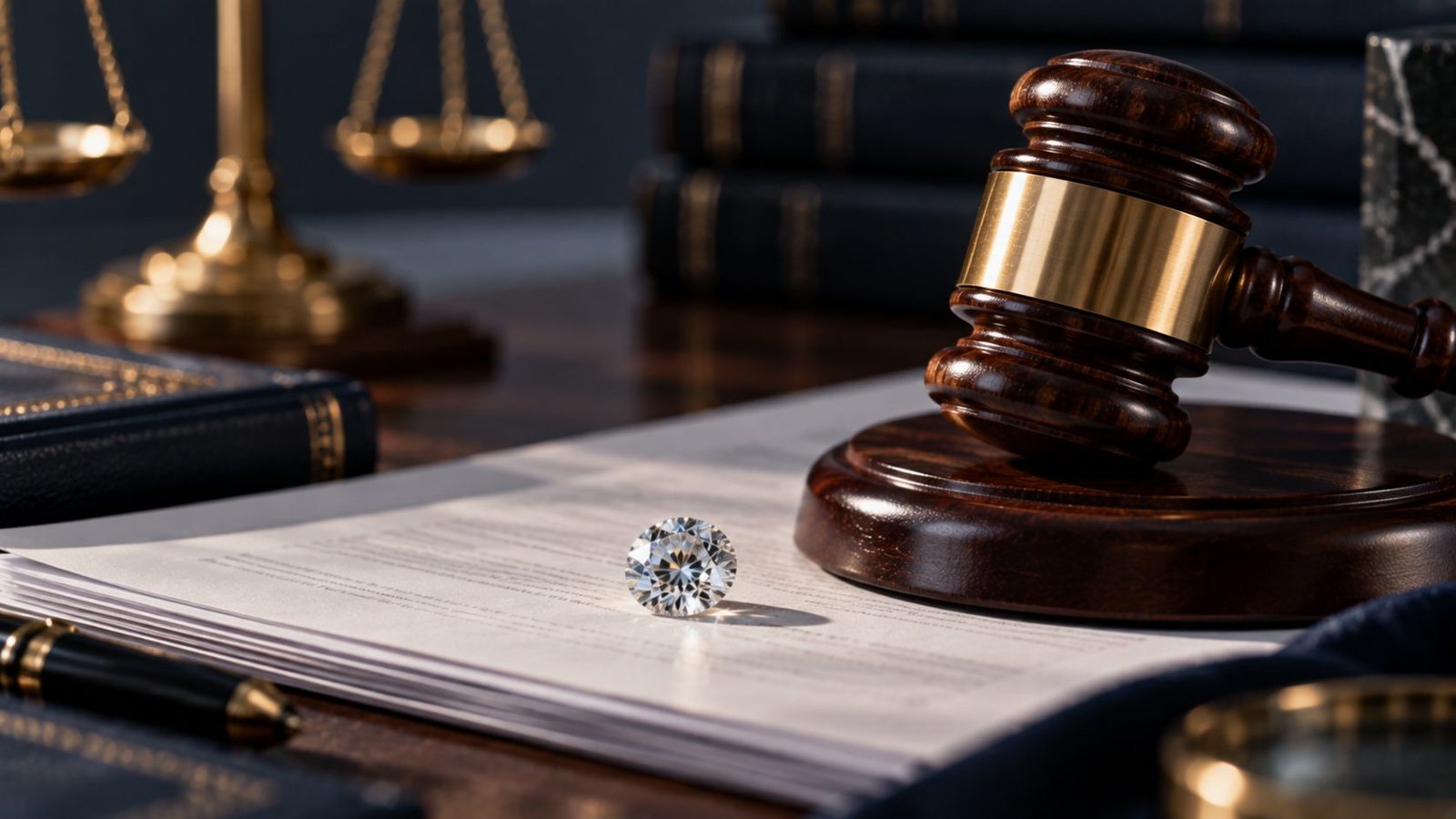FTC lab grown diamond regulation enforcement represented by a gavel beside a loose diamond on legal papers