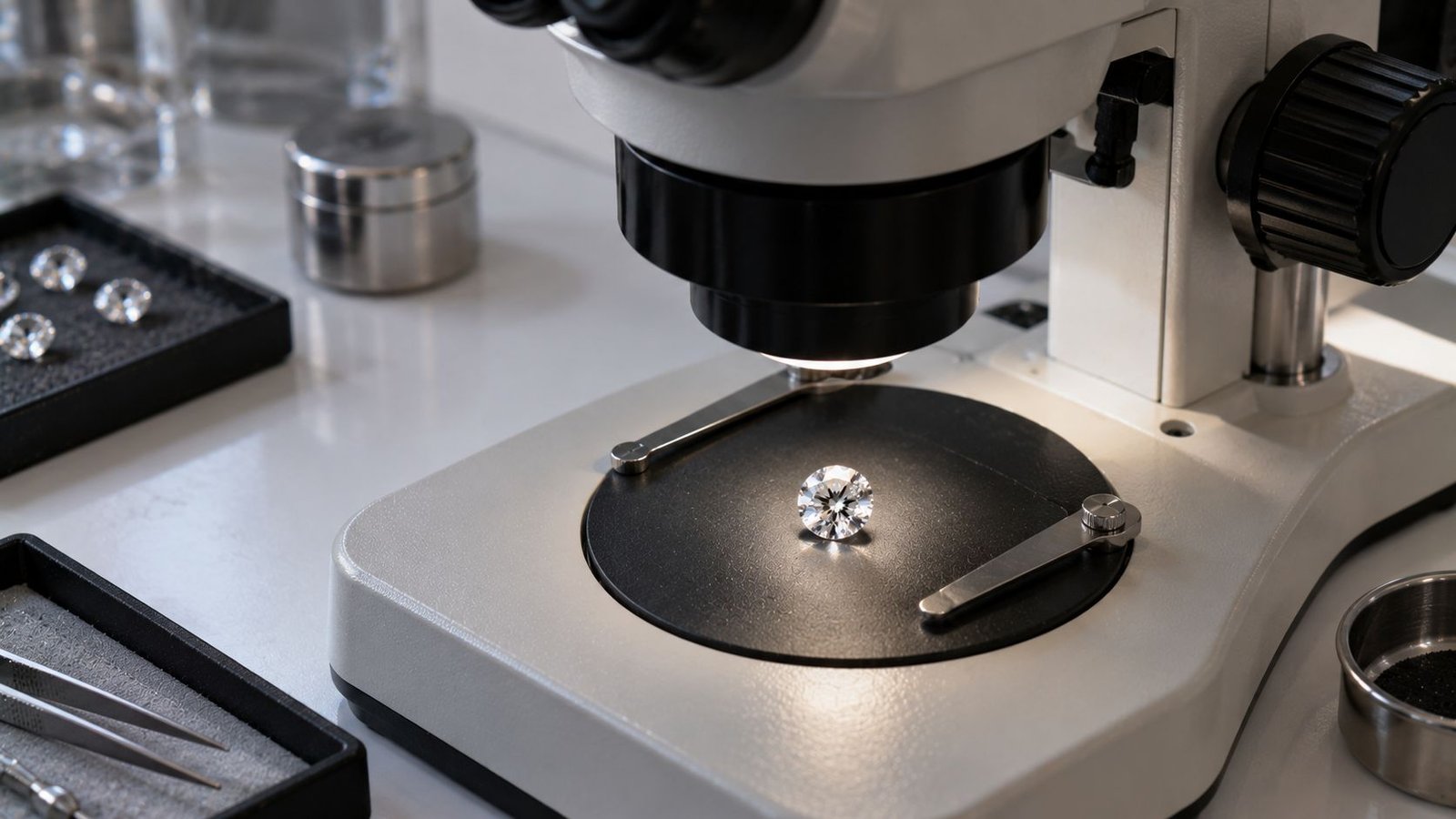 Gemological microscope examining a loose diamond for laboratory identification at miraartcollection.