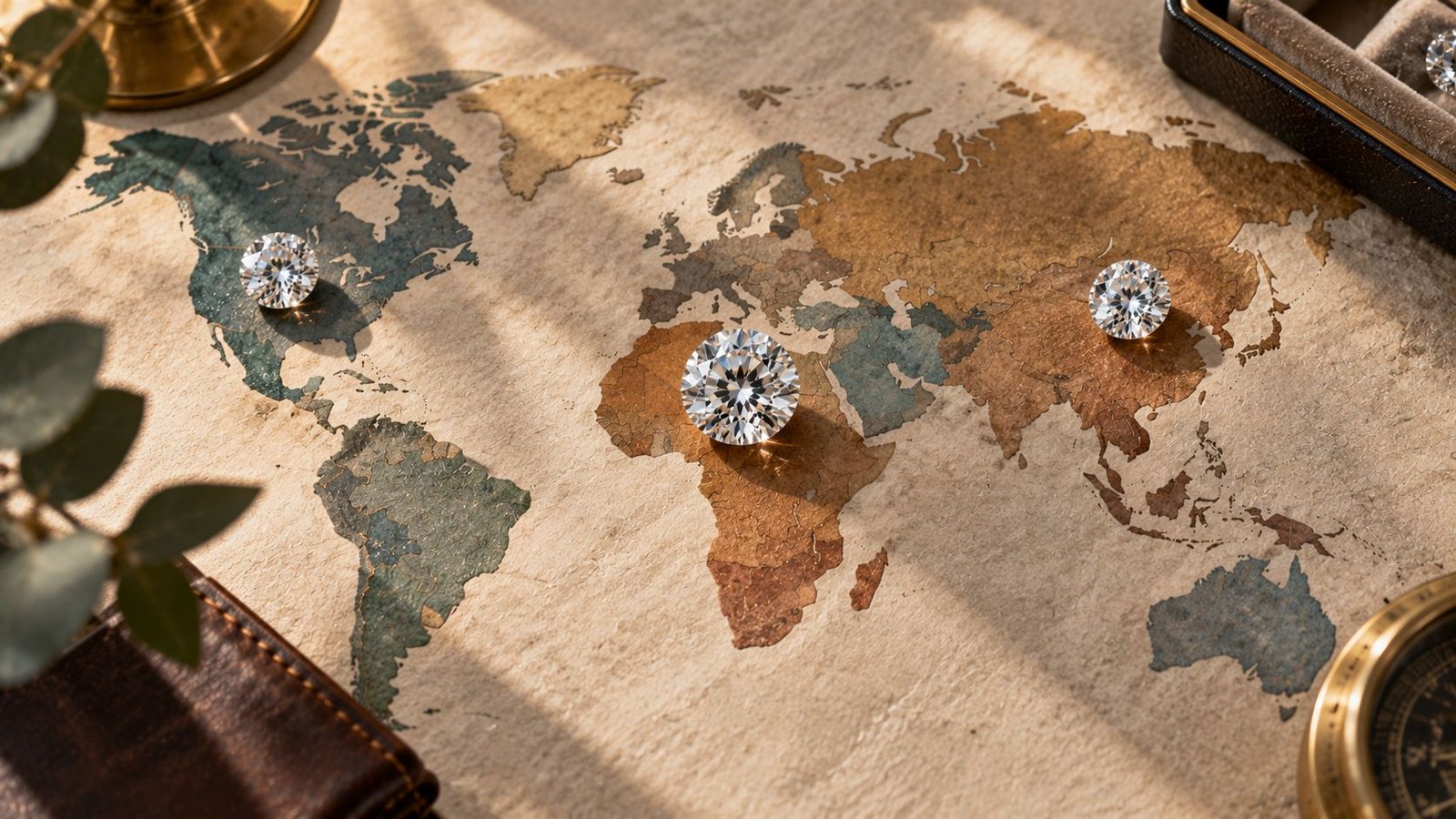 Diamonds placed across a world map showing uneven lab grown diamond regulation across global markets