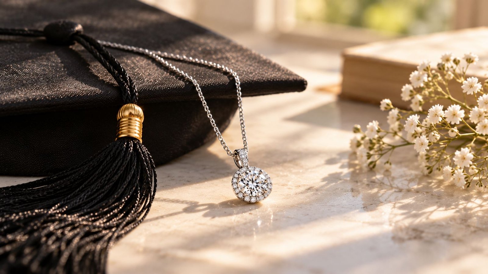 Diamond pendant styled as a graduation milestone gift