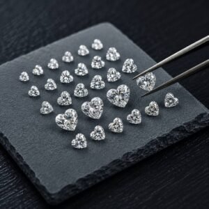 Heart cut loose gemstones in a size-ordered arrangement on a dark textured display base with a tweezer holding one diamond.