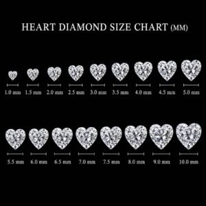 Heart diamond size chart in millimeters on a black background displaying widths from 1.0mm up to 10.0mm.