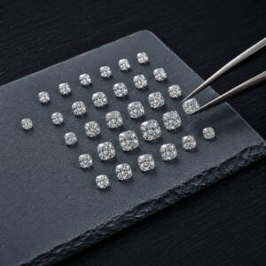 High quality lab created square cushion cut diamond held by jeweler tweezers for quality inspection.