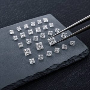 Bulk loose princess cut diamonds in a precise grid layout for custom jewelry manufacturing.