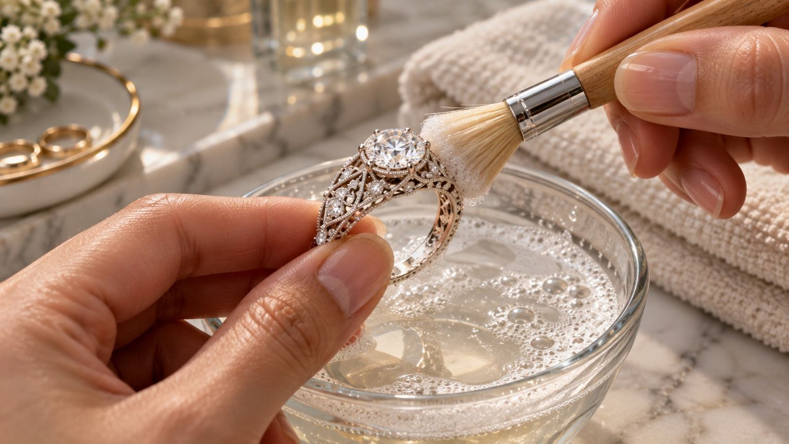 Gently cleaning a filigree diamond ring with a soft brush and mild soap