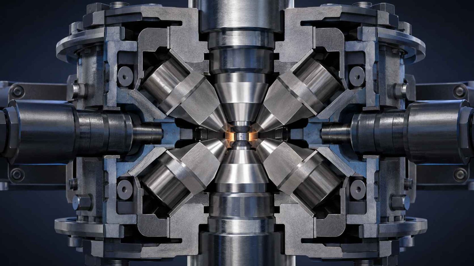 Technical diagram of an HPHT multi-anvil press used to engineer diamond growth conditions