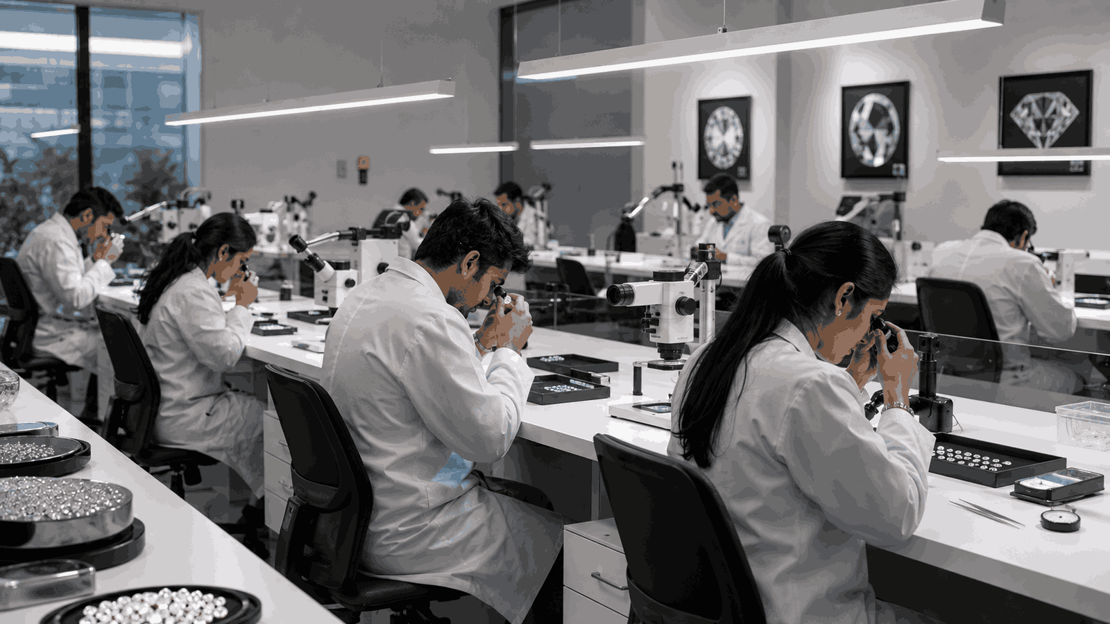 Interior of a gemological grading laboratory where diamonds are certified