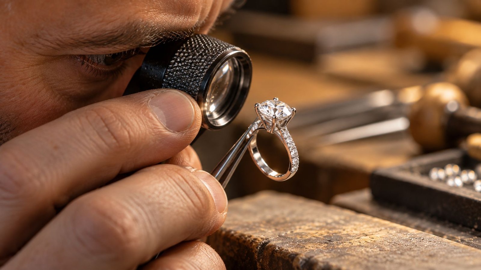 Jeweler inspecting a prong setting that may affect perceived diamond sparkle