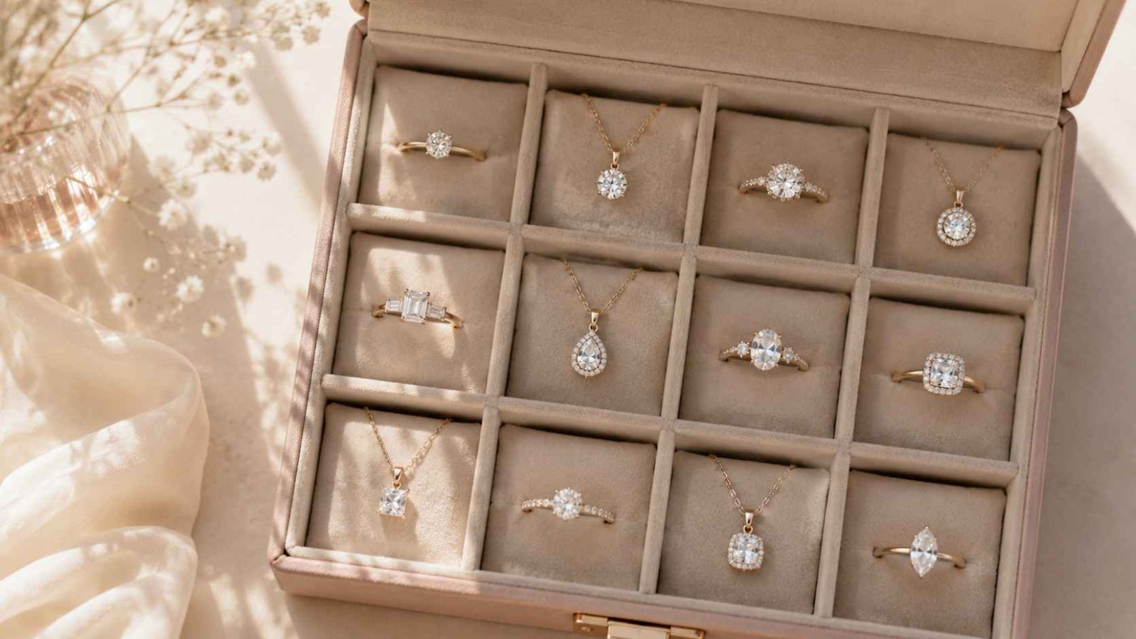 Jewellery box with individual padded compartments for safe diamond storage