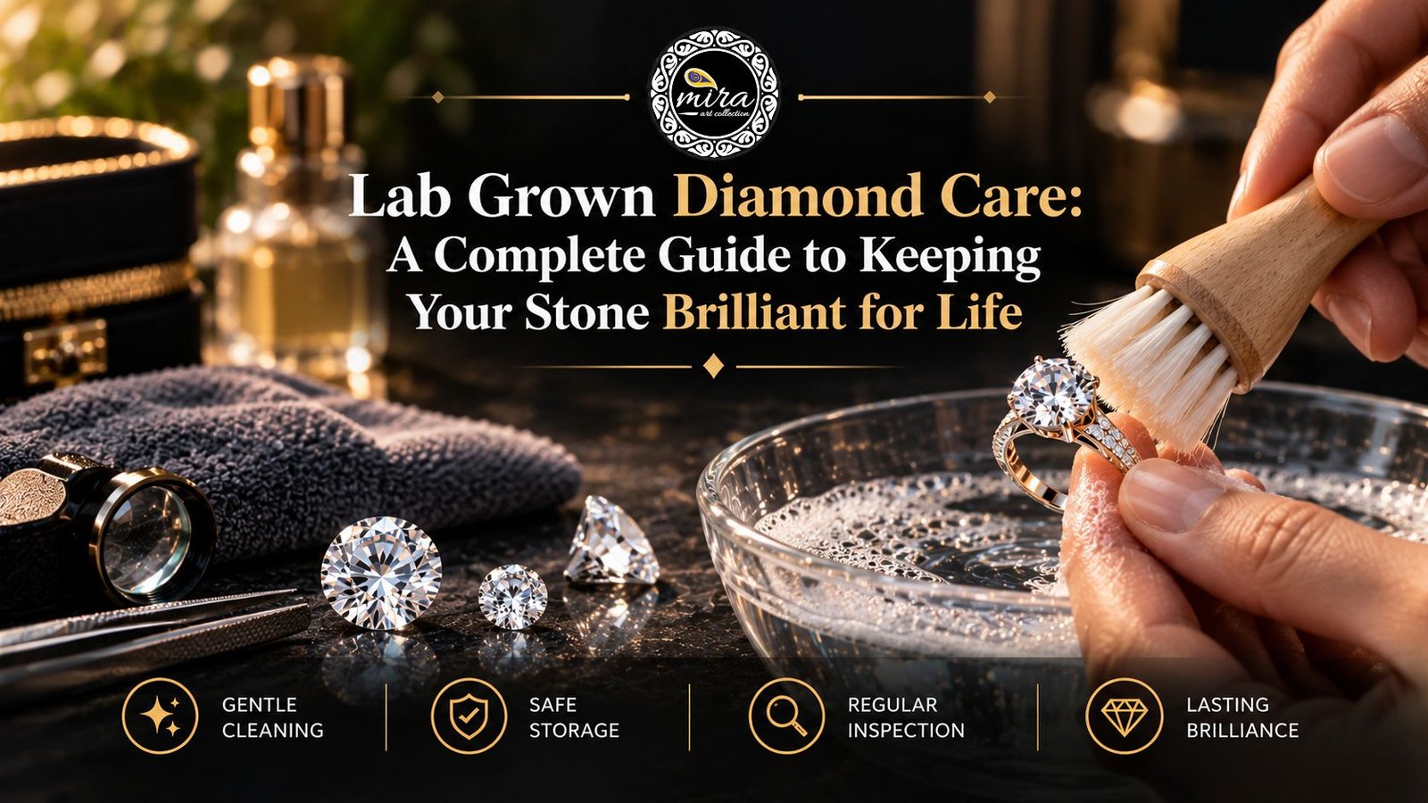 Hands gently cleaning a sparkling lab-grown diamond ring with a soft brush beside loose diamonds and jewellery-cleaning tools, featured in Mira Art Collection’s complete guide to keeping diamonds brilliant for life.