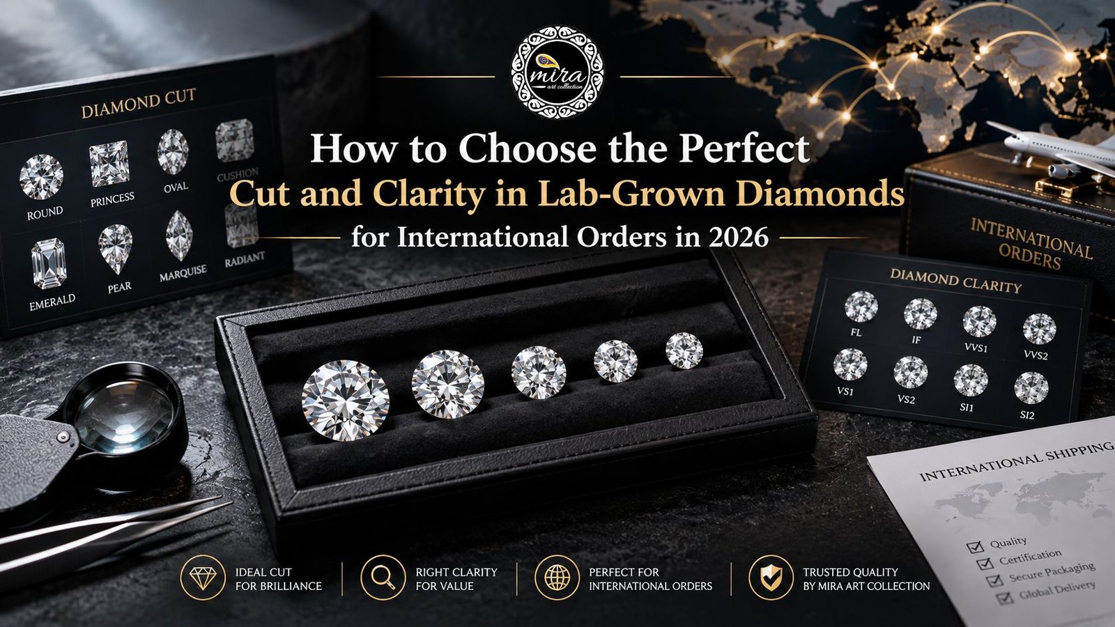 Lab-grown diamonds arranged by size beside diamond cut and clarity reference charts, a jeweller’s loupe, and international shipping documents, illustrating how to select diamond quality for global orders in Mira Art Collection’s 2026 guide.