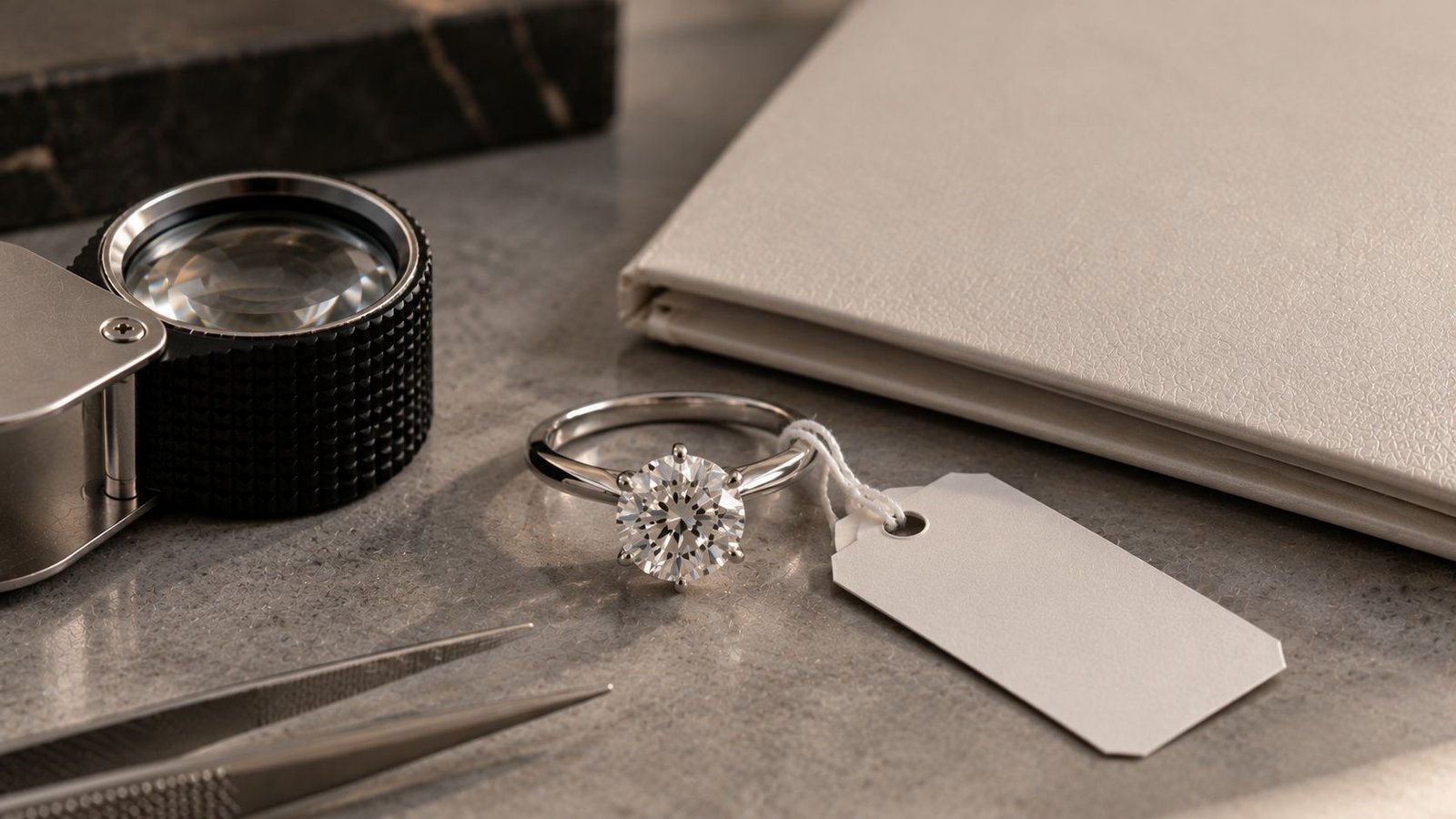 Solitaire ring with grading report illustrating disclosure of lab grown diamonds sourced from miraartcollection.
