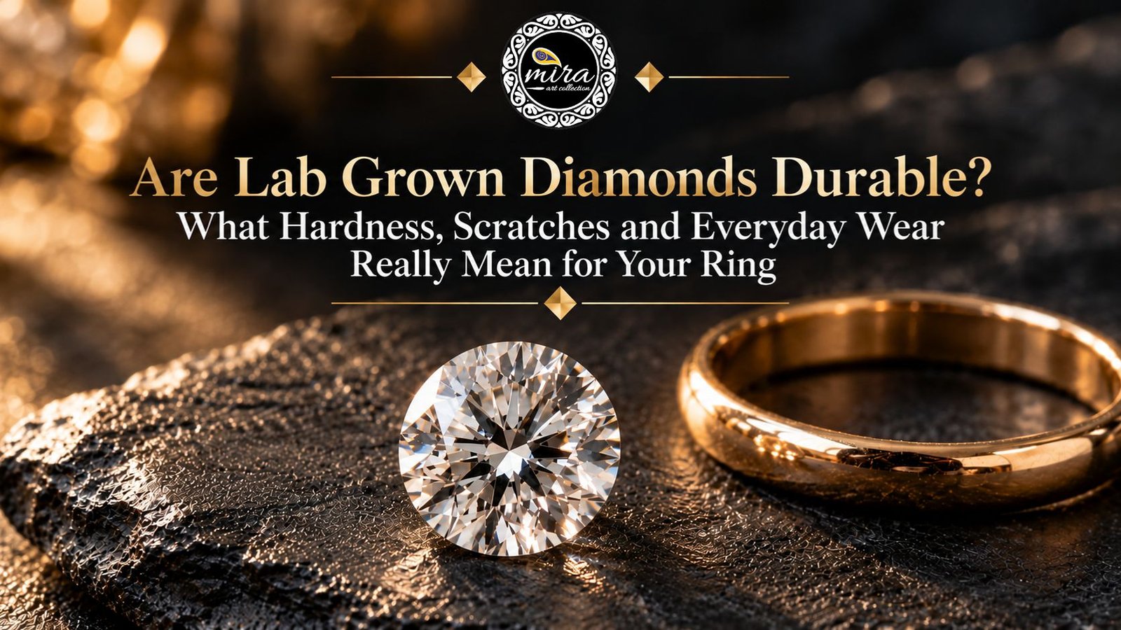 Loose round lab grown diamond on dark slate beside a gold band illustrating lab grown diamond durability at miraartcollection.