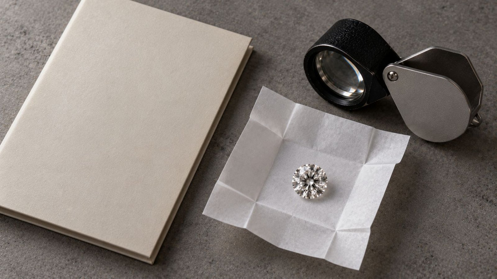 Grading report folder, loupe and loose diamond for reading a clarity plot from miraartcollection.