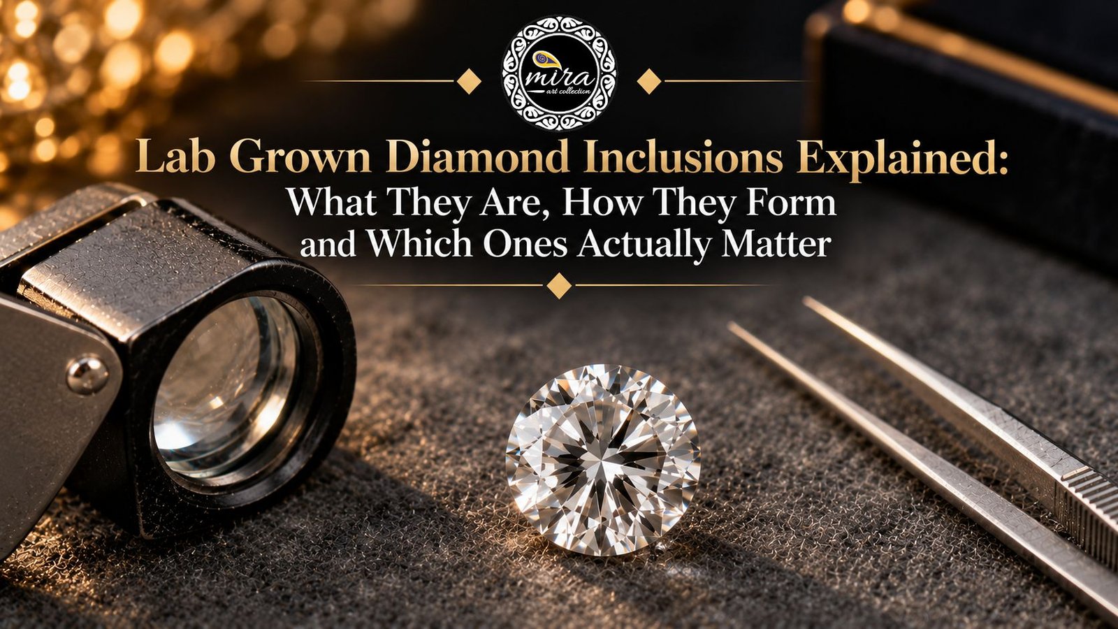 Loose round lab grown diamond with a loupe and tweezers explaining lab grown diamond inclusions at miraartcollection.