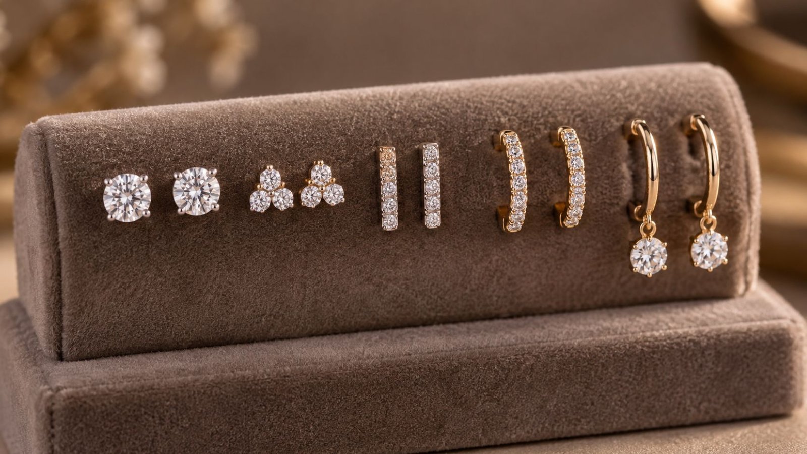 Lab grown diamond jewelry trends captured through a mixed ear stack of micro-pavé studs and hoops