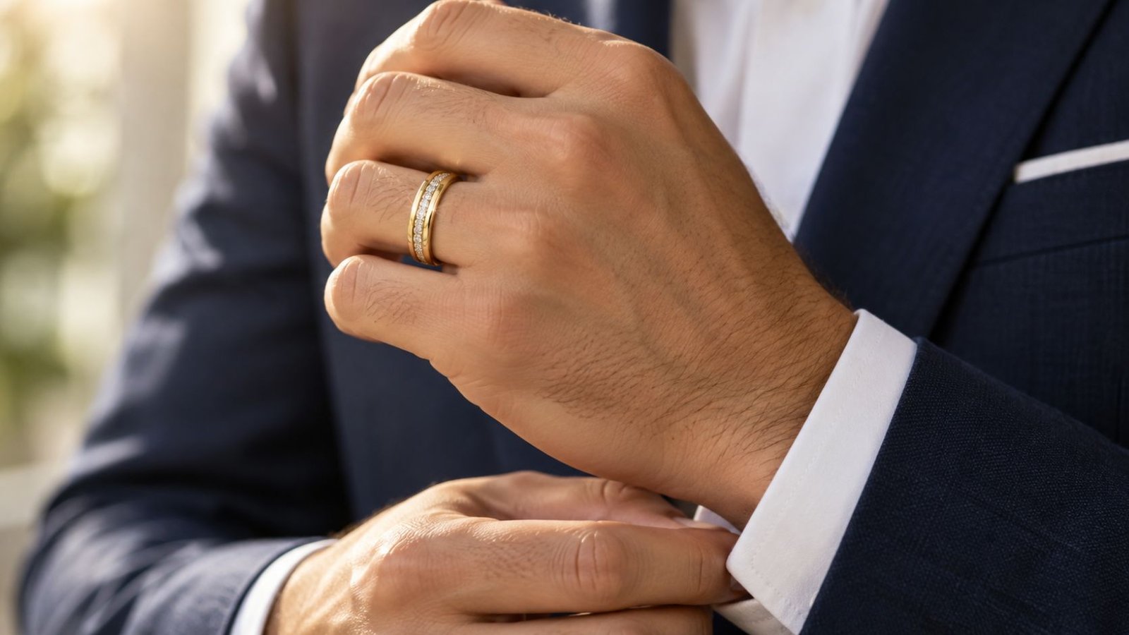 Lab grown diamond jewelry trends for men shown through a channel-set gold wedding band worn on the hand