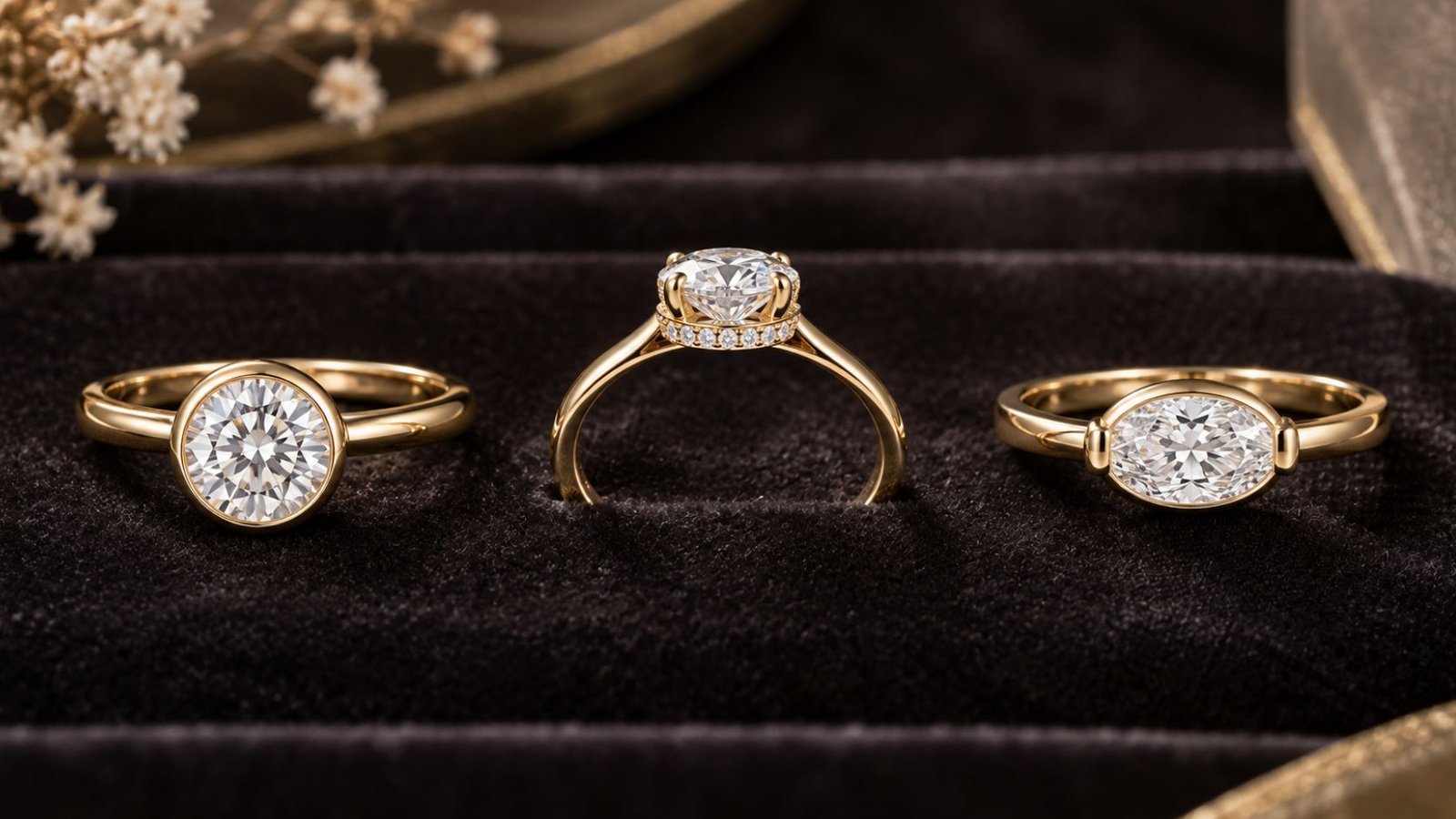 Lab grown diamond jewelry trends in setting styles including bezel, hidden halo, and east-west designs