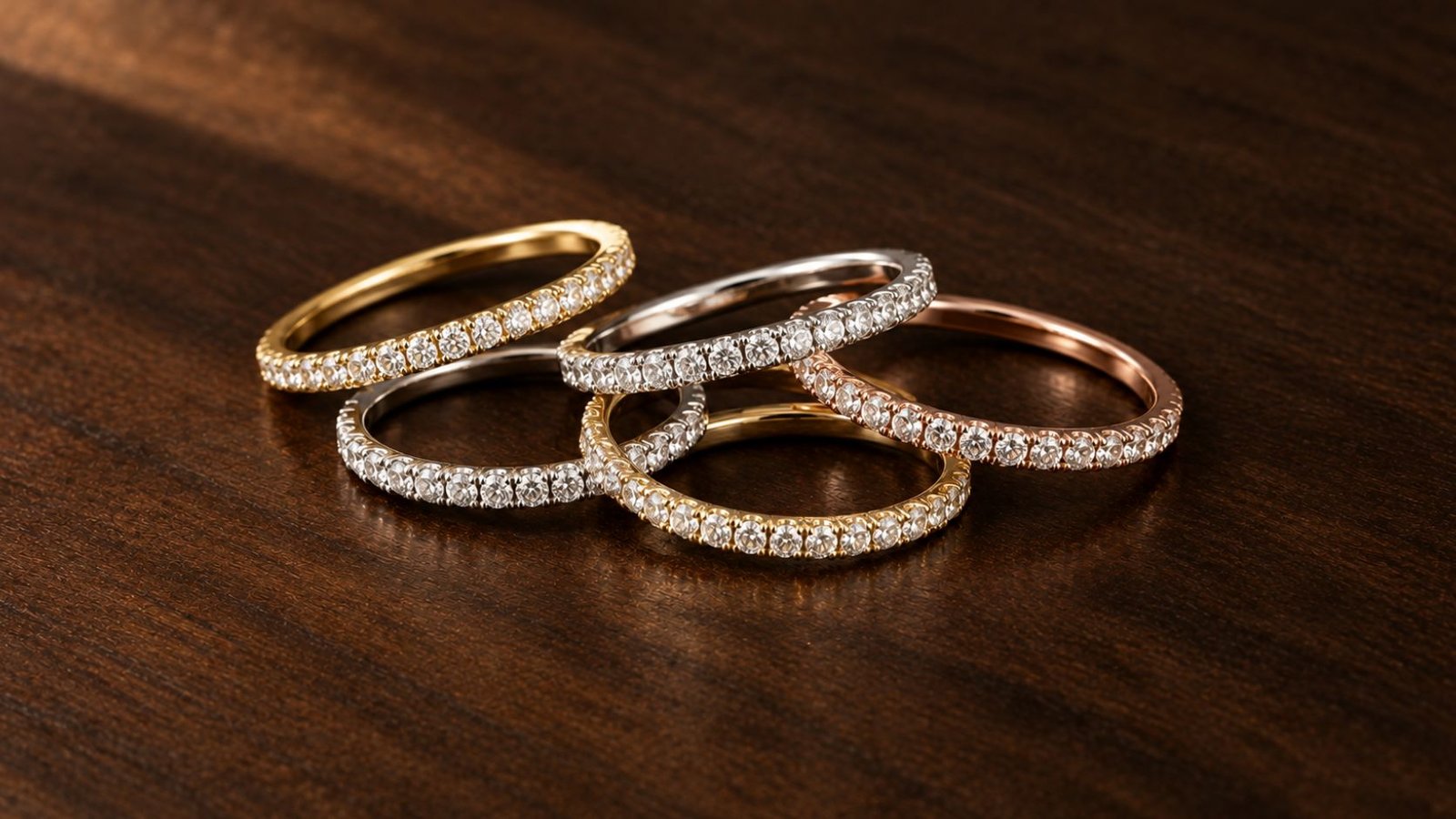 Lab grown diamond jewelry trends illustrated through a mixed-metal stack of thin diamond bands