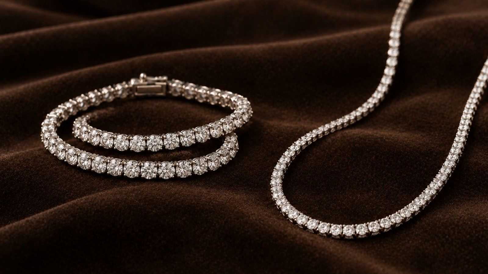 Lab grown diamond jewelry trends shown through a tennis bracelet and matching tennis necklace