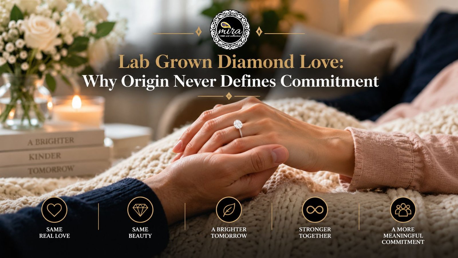 Two hands gently holding each other, with a sparkling lab-grown diamond engagement ring on one hand, against a warm, cosy setting with flowers and candlelight, illustrating love and commitment beyond a diamond’s origin in Mira Art Collection’s guide