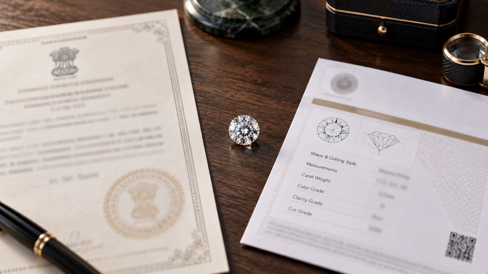 Lab grown diamond regulation versus certification shown as a government document and a grading report on either side of a diamond