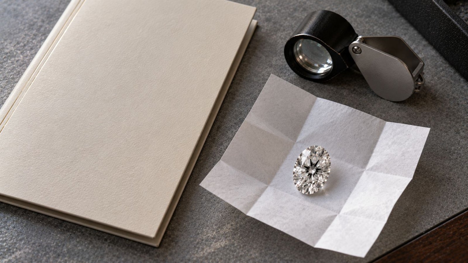 Closed grading report with a loose oval lab grown diamond and magnifier from miraartcollection.